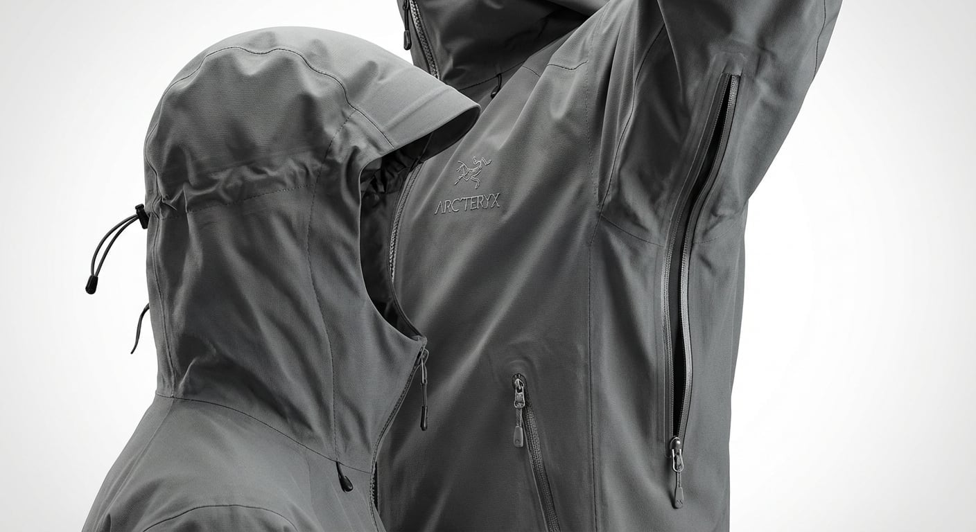 Arc'teryx Alpha SVジャケットのディテールショット、StormHoodデザインとピットジップ構造が見えるクローズアップ