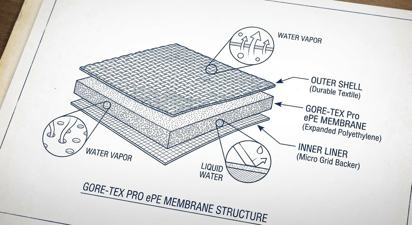 GORE-TEX Pro ePEメンブレンの3層構造を示す技術図解、断面クローズアップ、各層の機能を明示