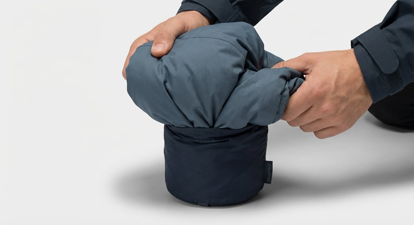 Norrøna Trollveggen Pro Lightジャケットが小さなスタッフサックに収納される様子、軽量性とパッカビリティを強調