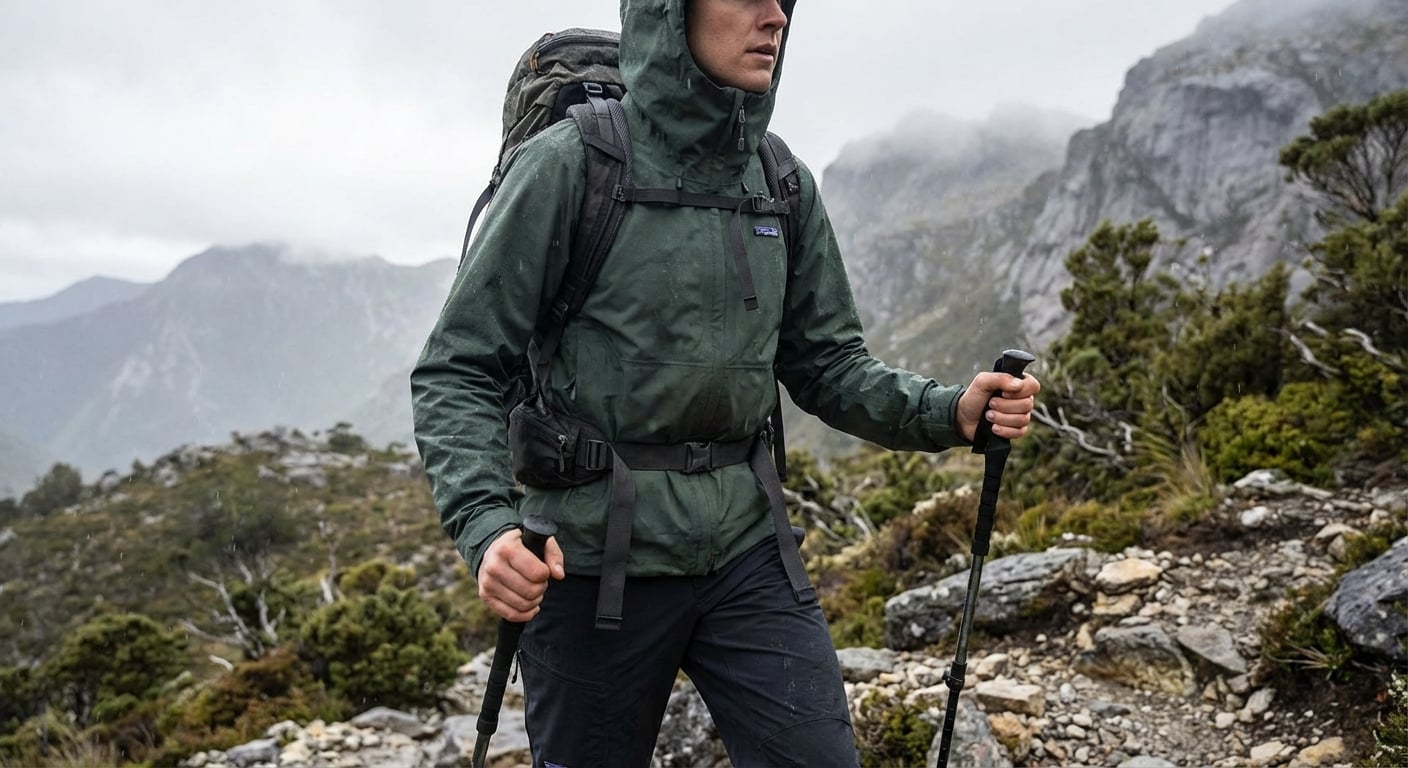 Patagonia Trioletを着用したハイカーのアルパイン環境での実用シーン、自然光での実践的使用を示すフィールドショット