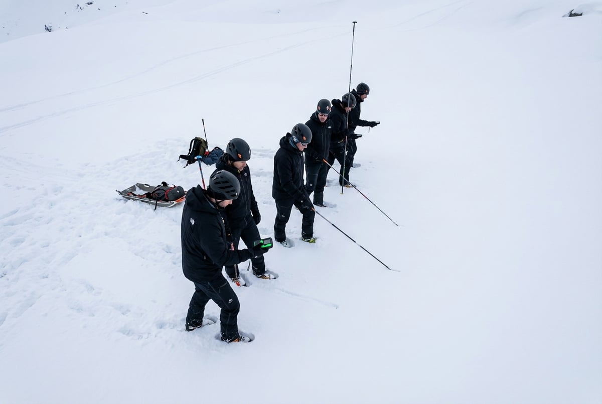 雪崩ビーコン捜索訓練の様子、複数の登山者が協力する実践的なシーン