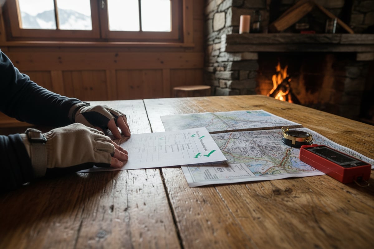 雪崩危険度評価チェックリストを使用する登山者、山小屋で計画を立てる様子