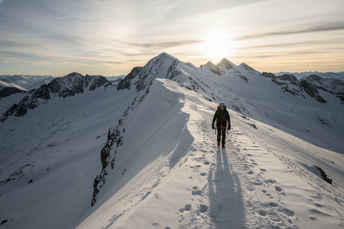 雪崩地形を迂回する登山者のルート選択、尾根線を歩く様子