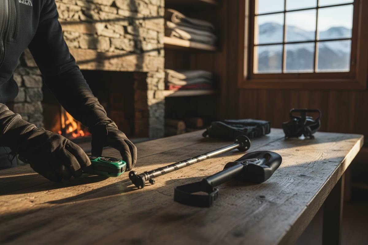 山小屋で雪崩安全装備を確認する登山者、静かな夕暮れの光