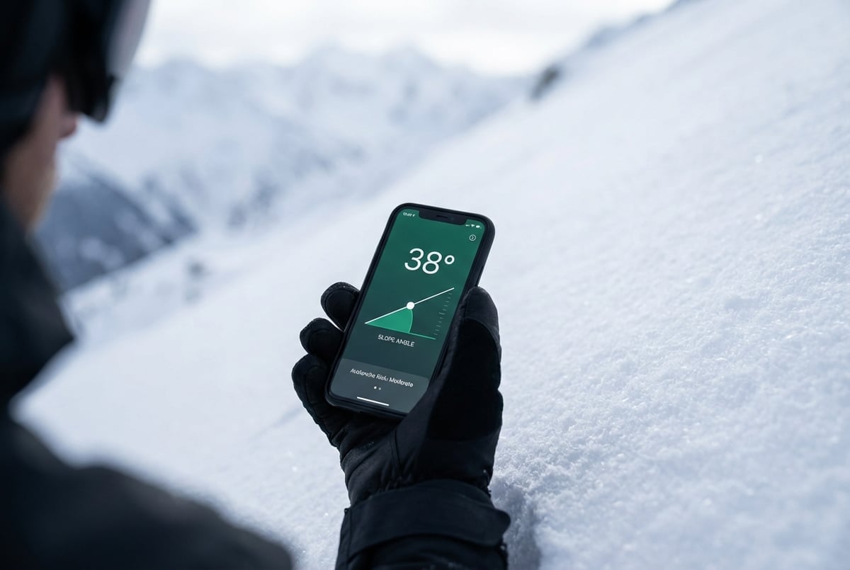 斜度計測アプリで測定している雪山斜面、38度の危険斜度を示す画面