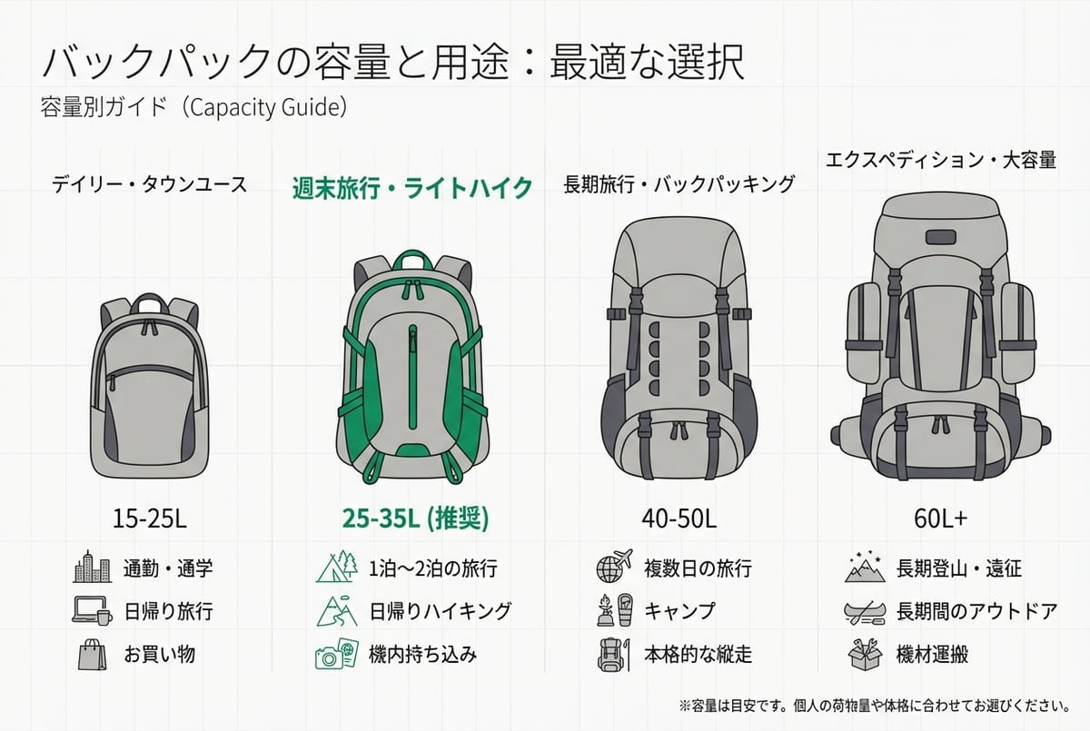 バックパック容量と用途の関係を示すインフォグラフィック