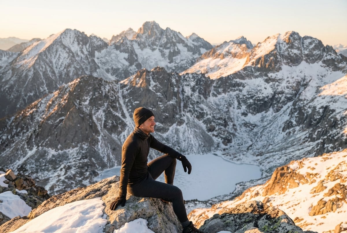 満足感のある表情で雪山を楽しむ登山者、適切なベースレイヤーで快適な様子
