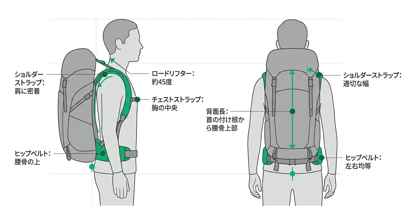 デイパックの正しい背負い方とフィッティングポイント