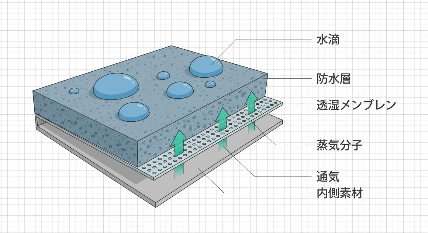 レインウェアの防水透湿素材の構造図