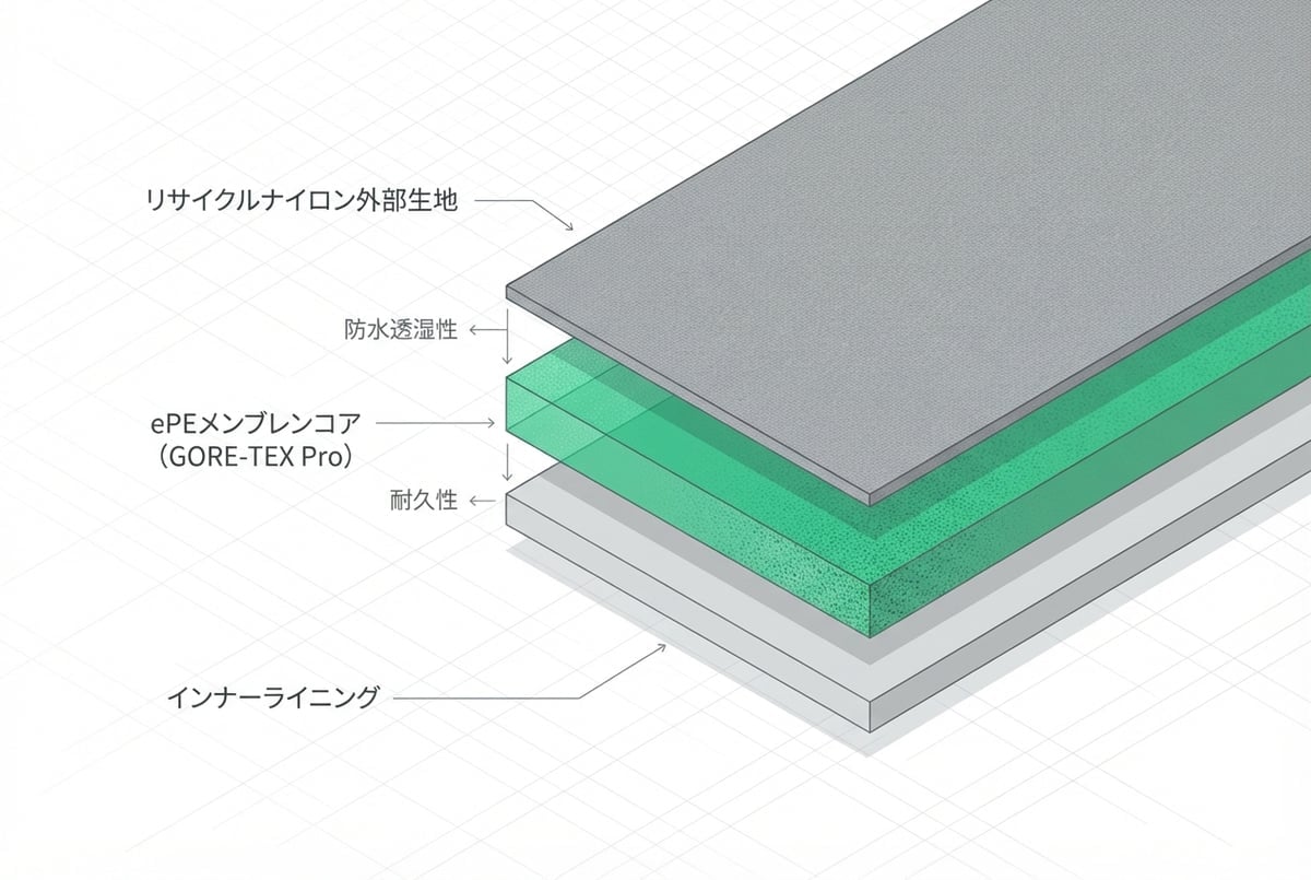 Gore-Tex Pro ePEメンブレンの三層構造を示す技術図解