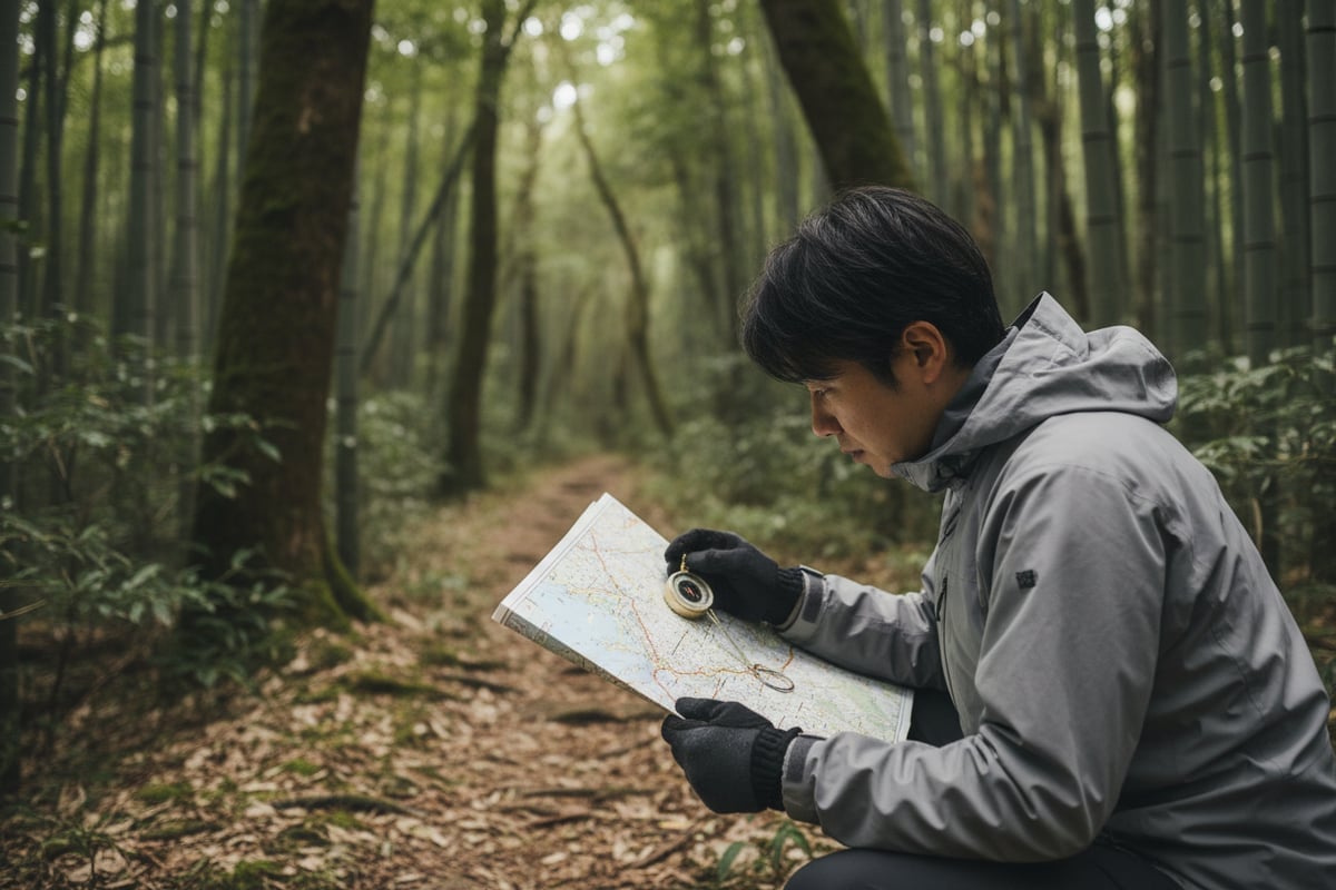 樹林帯で地図とコンパスを使ってルートを確認する登山者、実践的なナビゲーションの様子