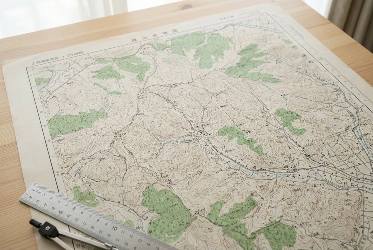 国土地理院1/25000地形図の詳細、等高線と地図記号が明確に読み取れるクローズアップ