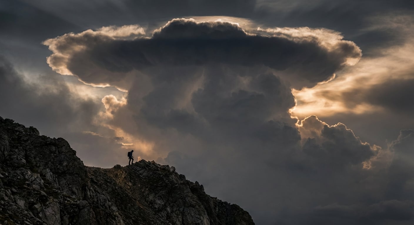 発達したかなとこ雲と稜線上の登山者、スケール感の対比
