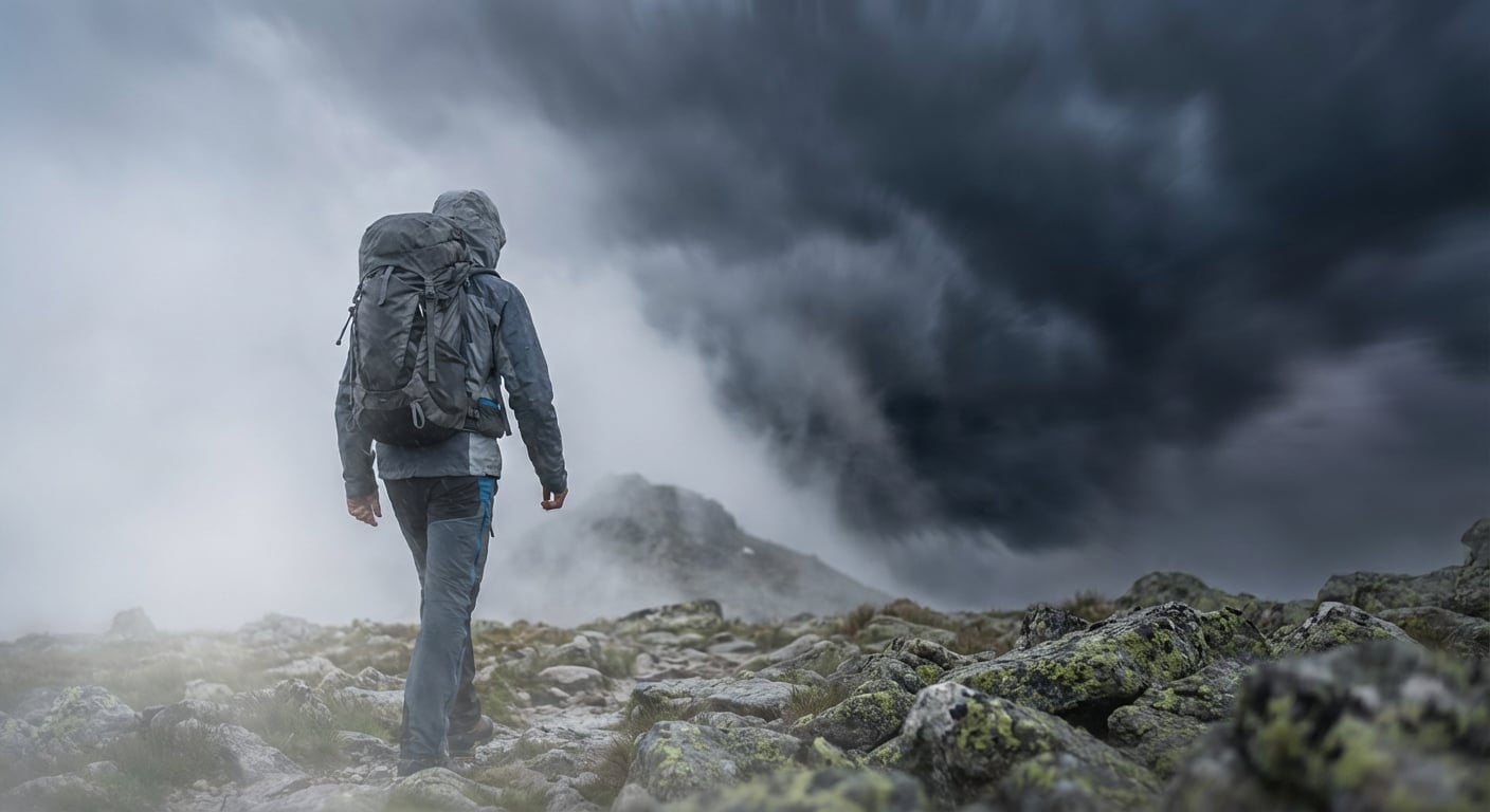 悪天候の中、引き返す登山者の後ろ姿、決断の瞬間