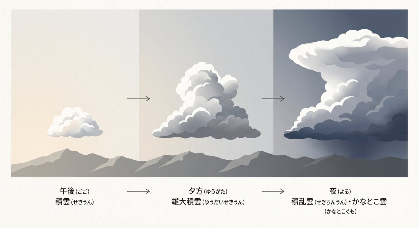 夏の午後に発達する積乱雲、かなとこ雲の形成プロセス