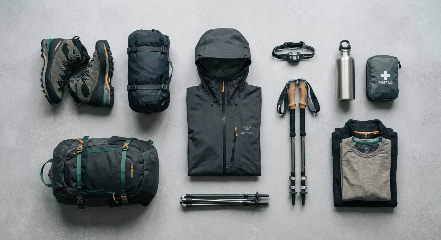 富士登山に必要な装備一式を配置した平置き写真