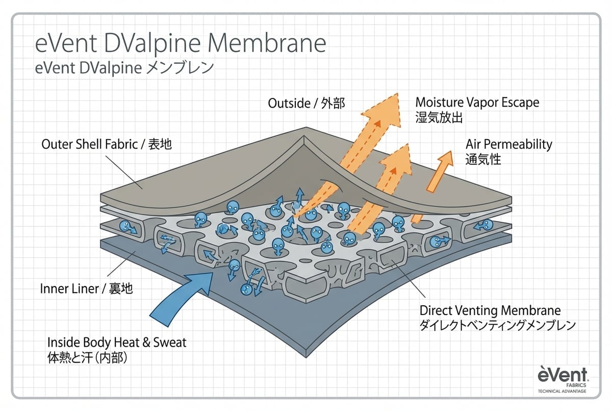 eVent DVメンブレンの直接通気構造を示す技術図解、空気の流れと水蒸気排出