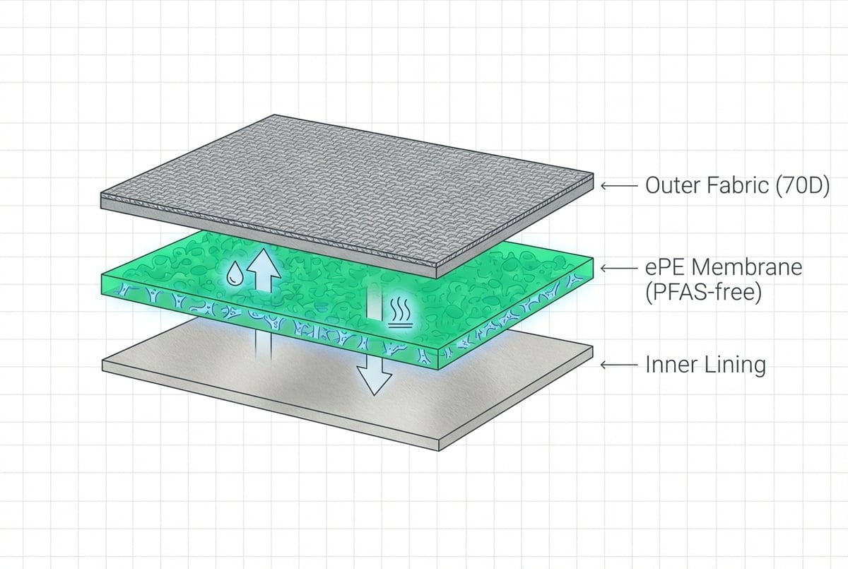 GORE-TEX Pro ePEメンブレンの3層構造を示す断面図、各層の機能を明示