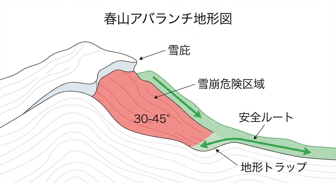 残雪期の雪崩地形を示す図解、危険な斜面角度と安全なルート選択