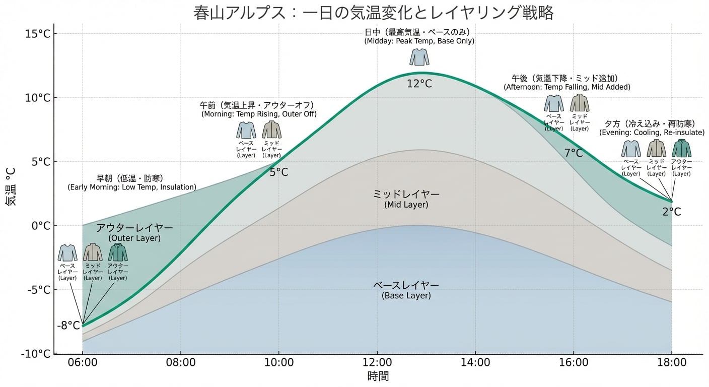 時間帯別の気温変化とレイヤリング調整を示すグラフ