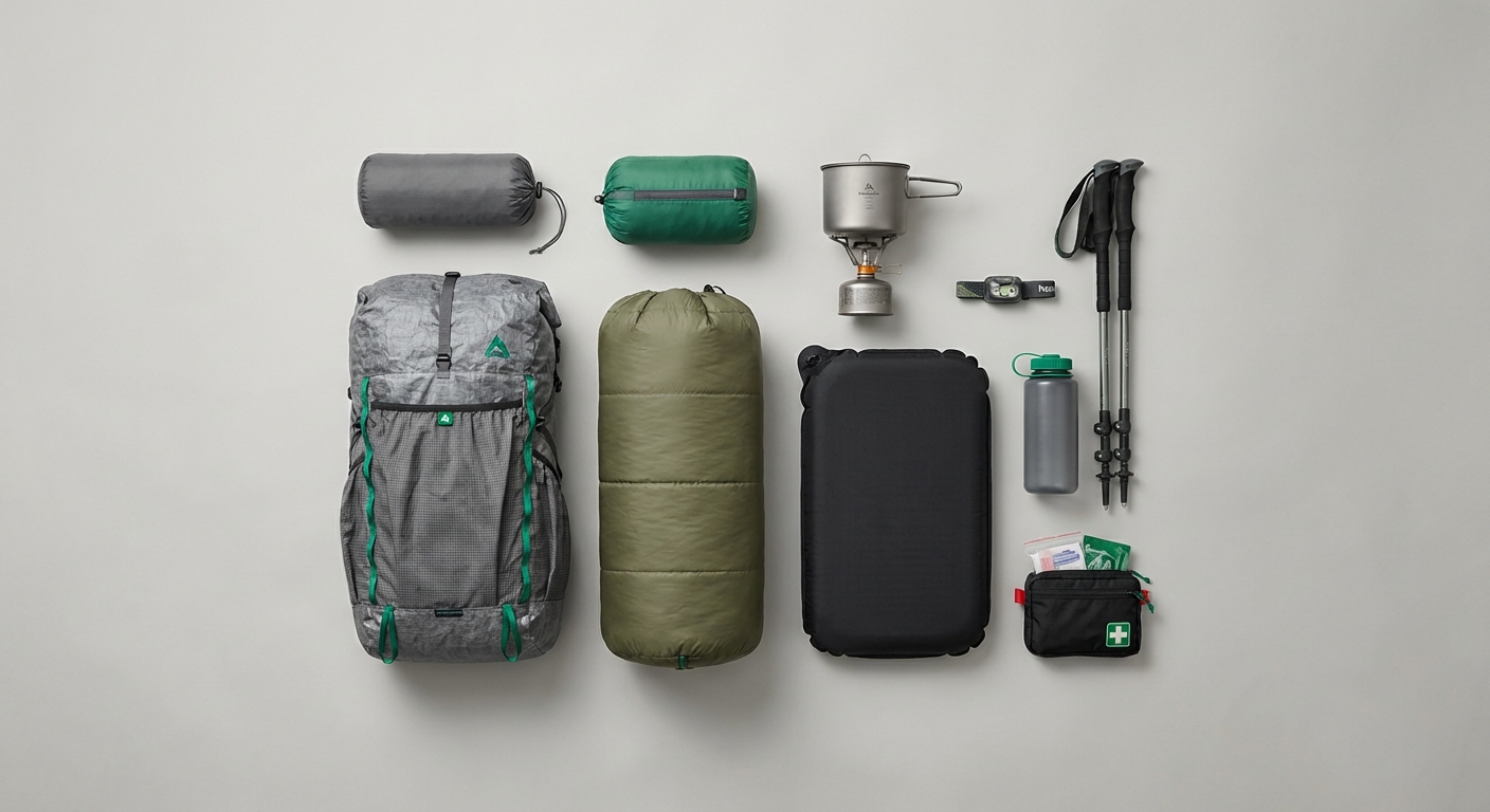 Ray Jardineスタイルの軽量パック装備配置図、機能性を保ちながら最小限の装備を示す