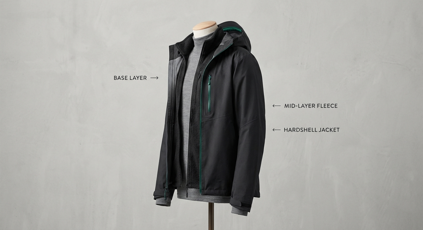 プレミアムシェルとミッドレイヤーを重ねたレイヤリングシステム、安全性を保つ装備構成