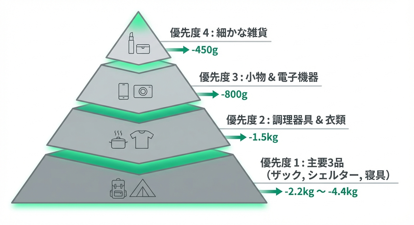軽量化の優先順位を示すインフォグラフィック、ビッグスリーから小物まで