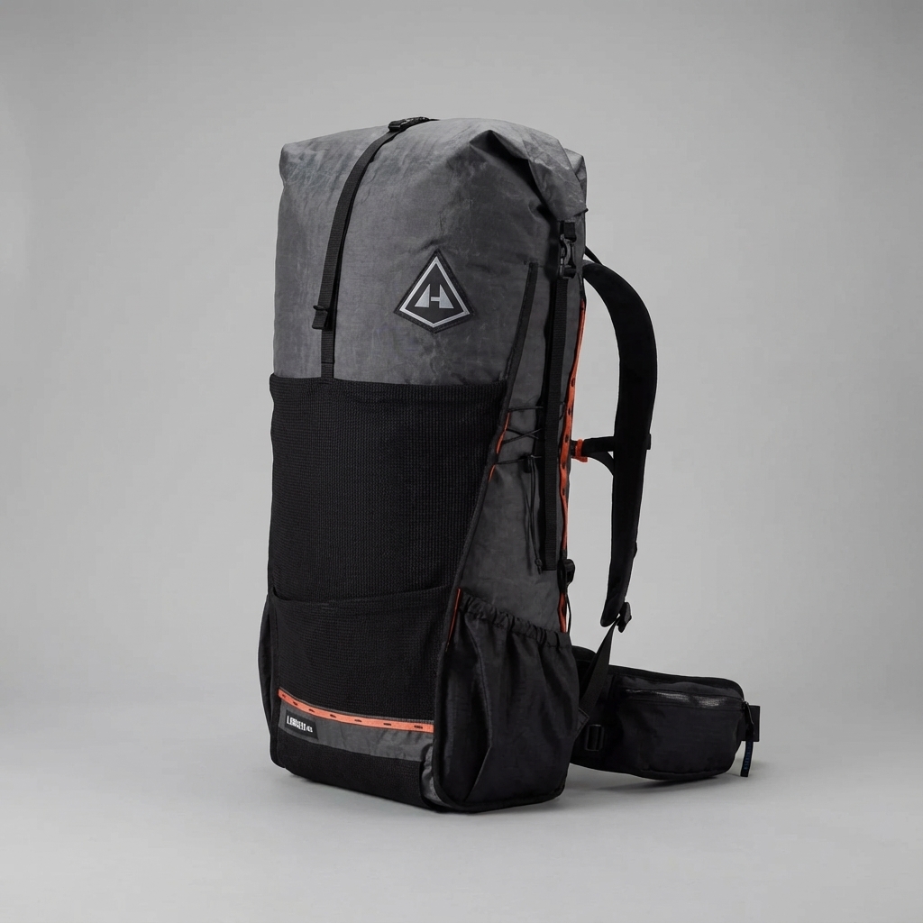 プレミアムブランドの軽量バックパックのクローズアップ、フレームレス構造と耐久性素材の詳細