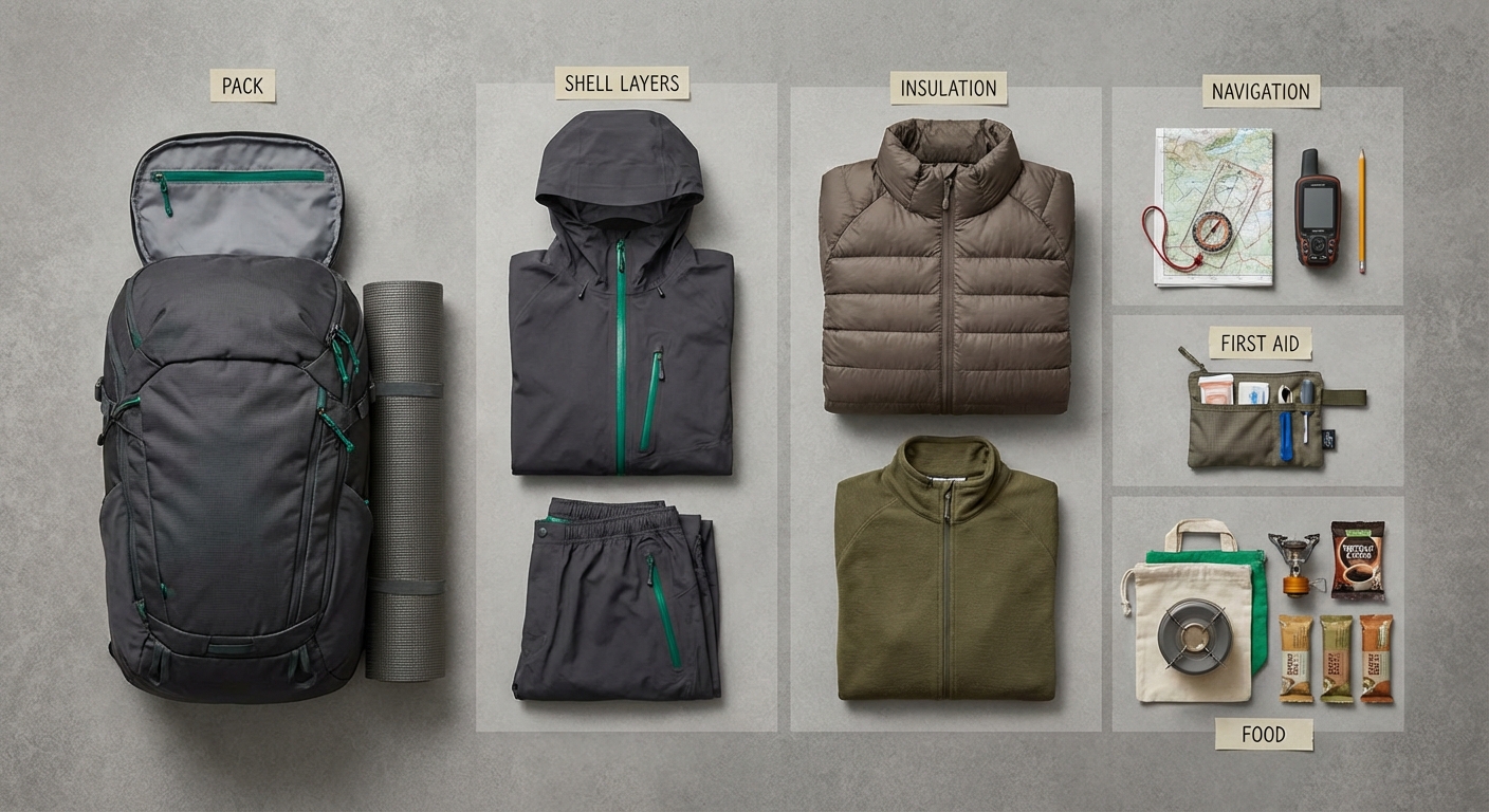 夏山小屋泊装備のフラットレイ、軽量だが安全性を確保した装備構成