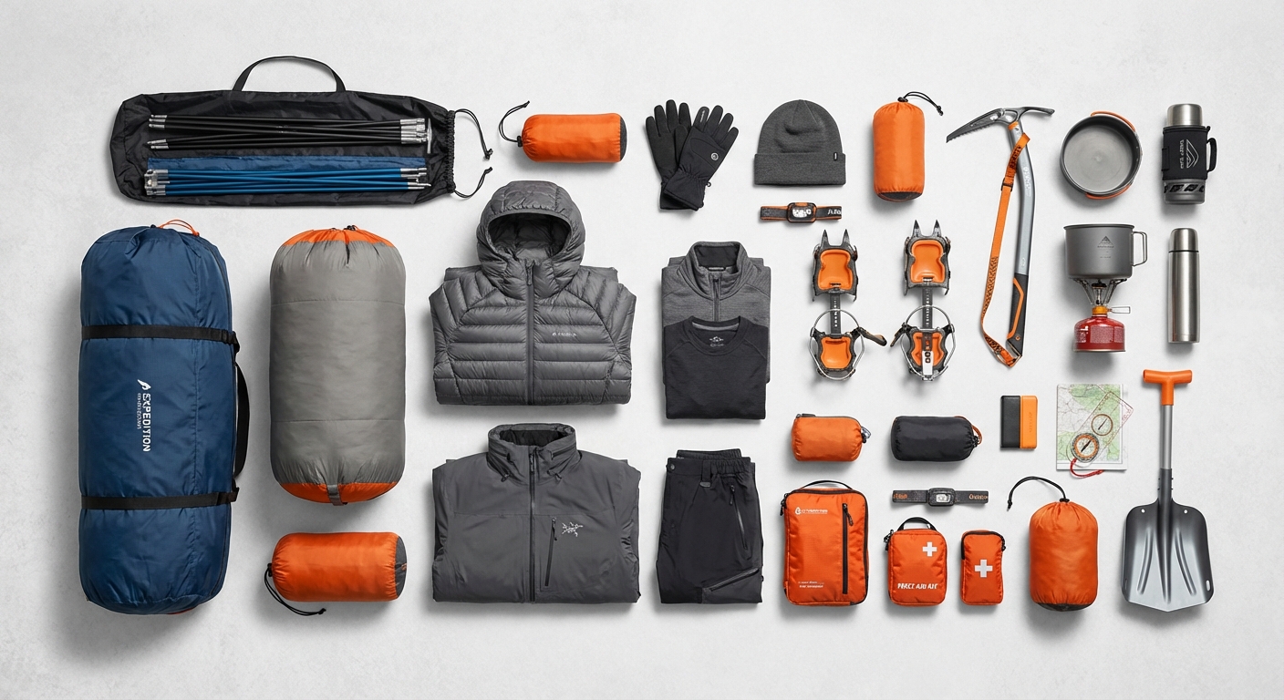 冬山テント泊装備のフラットレイ、安全性を最優先した十分な装備