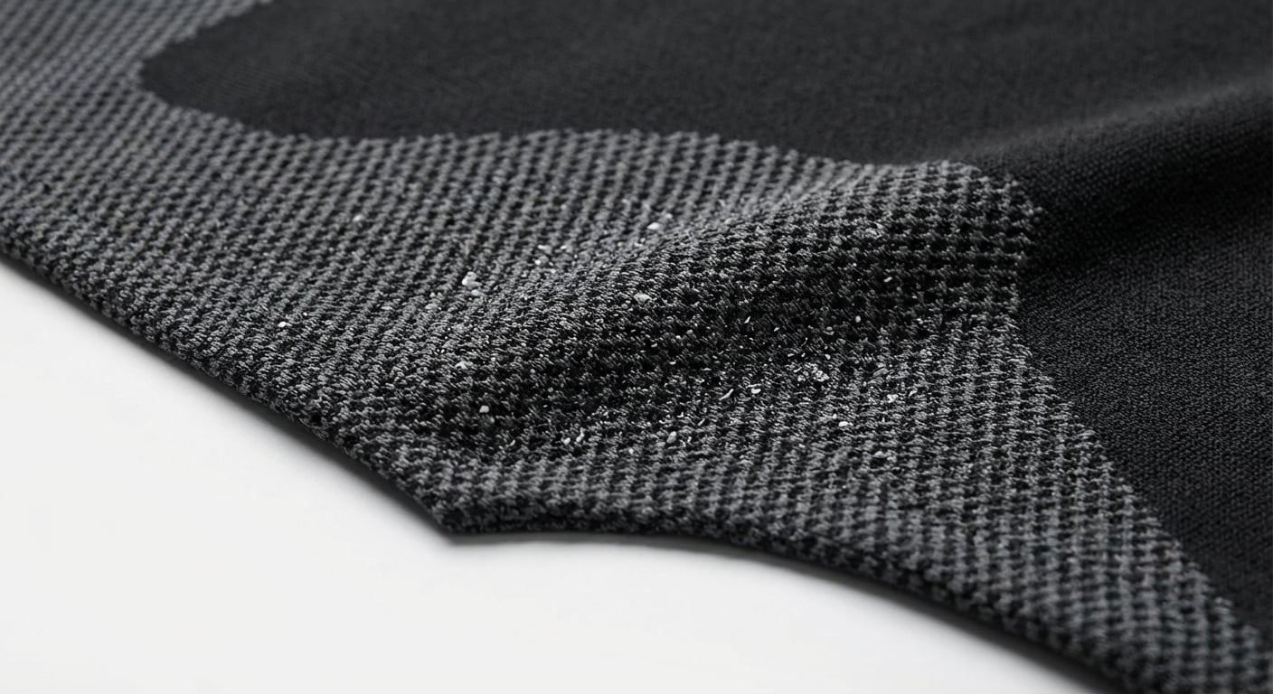 高性能化繊ベースレイヤー生地のクローズアップ、テクニカルニット構造と吸湿速乾性を示す