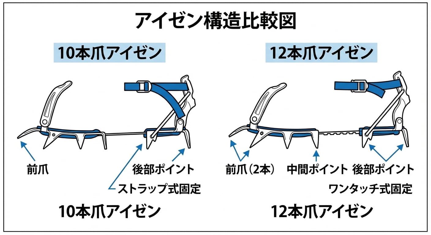 10本爪と12本爪アイゼンの構造比較図、各爪の配置と機能を明示