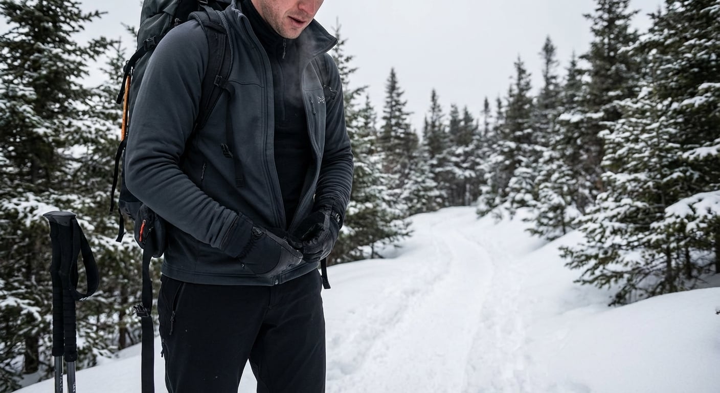 冬山でレイヤリングを調整する登山者、ミッドレイヤーを着脱している様子