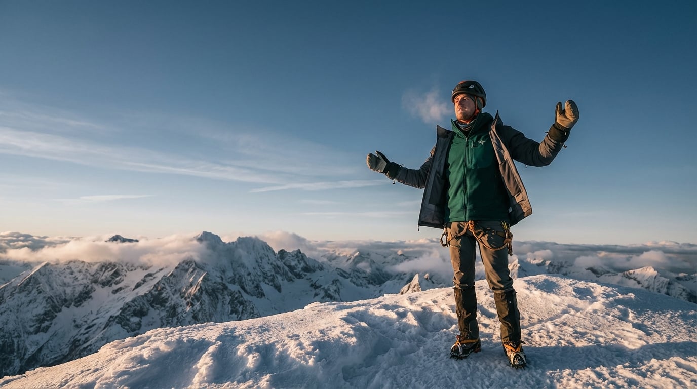 満足感のある表情で山頂に立つ登山者、適切なレイヤリングで快適な様子