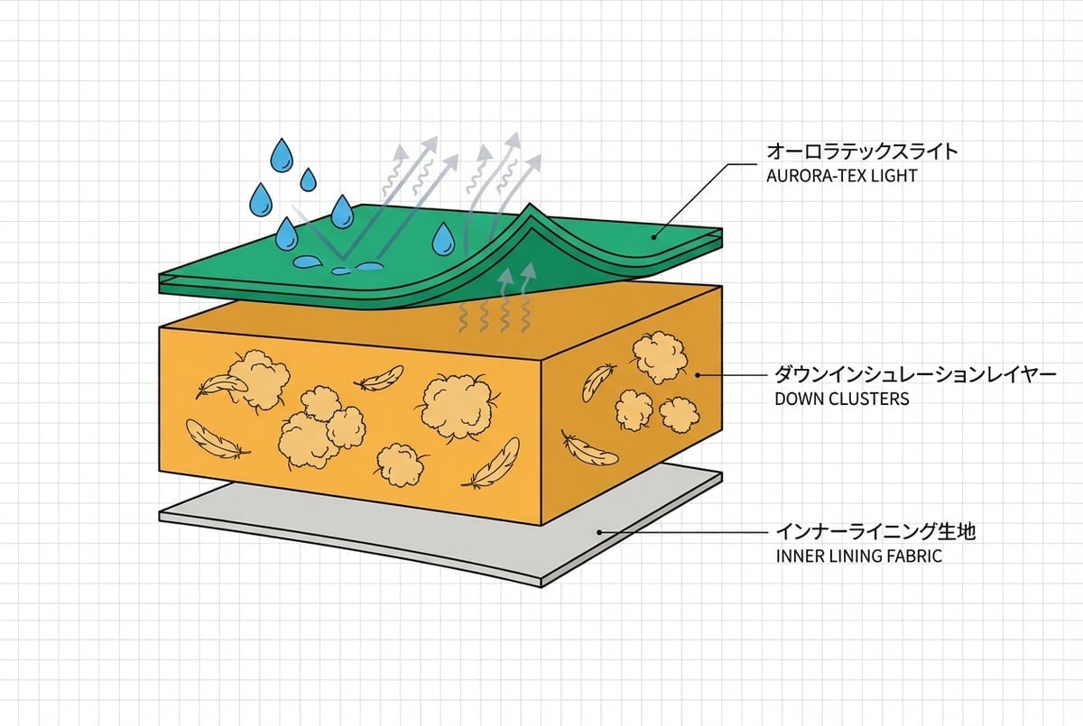 防水ダウンシュラフの断面構造：防水透湿メンブレン、ダウン層、内側生地