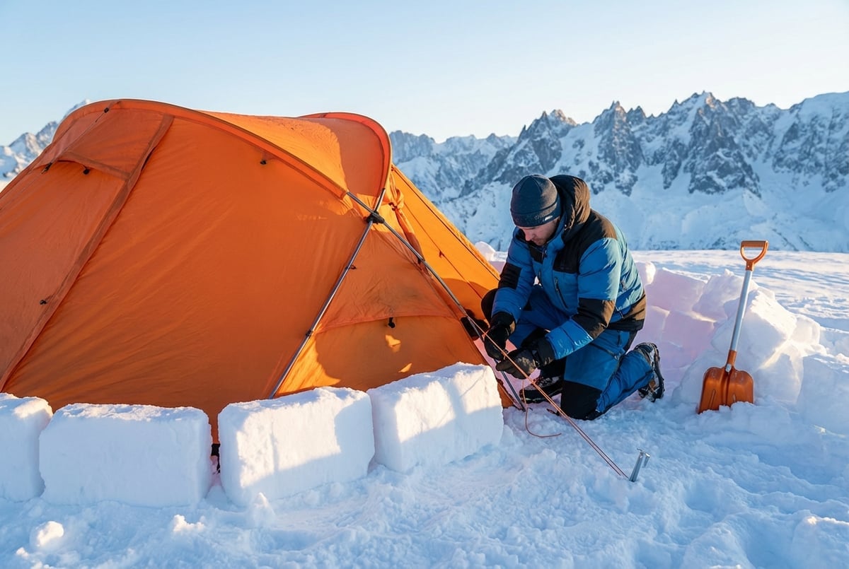 冬山テント泊での設営手順、雪面整地と防風用雪ブロック構築